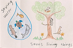 A hand drawn picture of native Australian animals in a tree and a giant water drop with fish swimming inside - highlighted by text Saving water saves living things