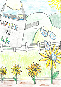 A hand drawn picture of a watering can imprinted with text saying "Water Is Life"pouring water on sunflowers