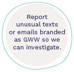 A circle with blue outline saying "Report unusual texts or emails branded as GWW so we can investigate".