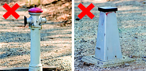 Two photographs side-by-side showing a pillar-ball and and an L-type fire hydrant. A large red X indicates they can’t be used to collect water.