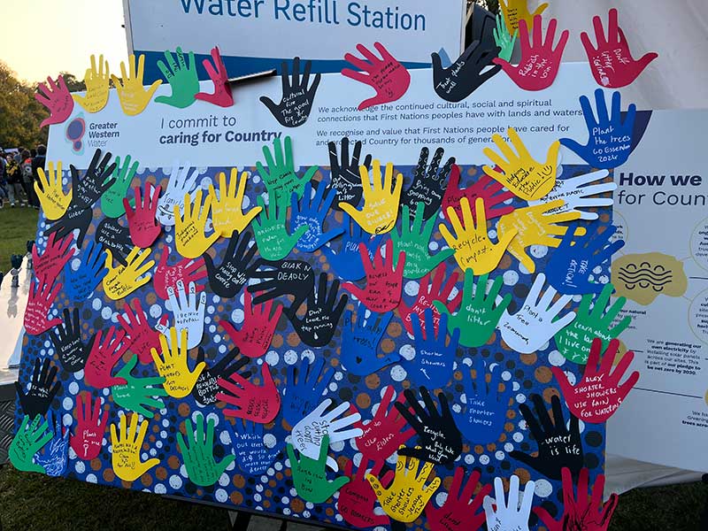 A photograph of brightly coloured hand-shaped paper hands.