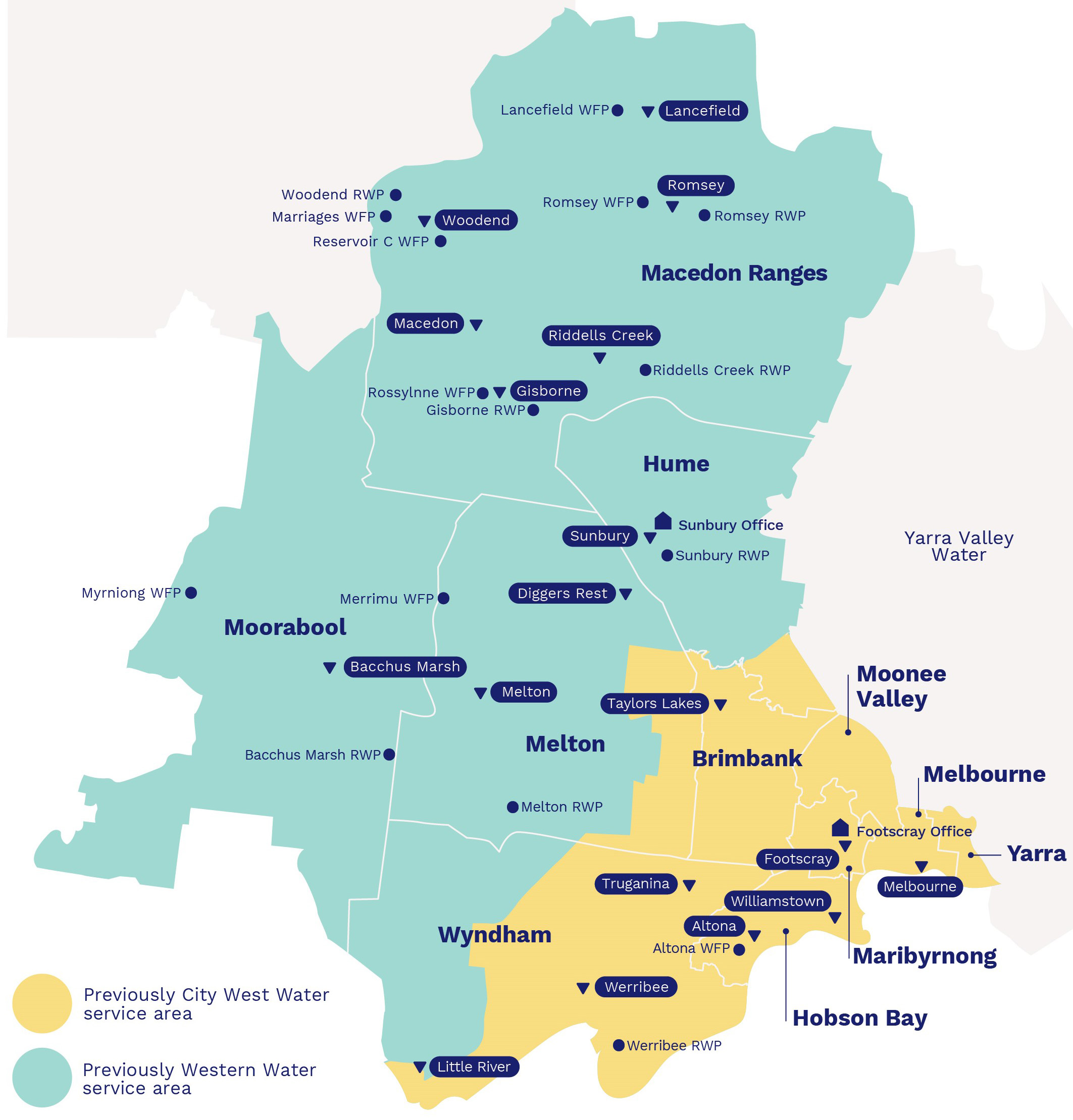 Map showing previous CWW and WW service areas