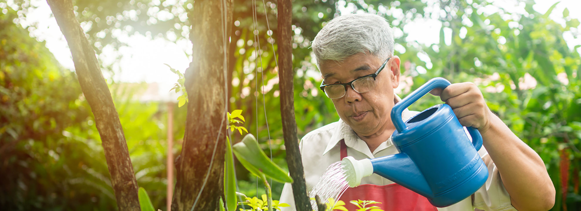 A happy and smiling Asian old elderly man is watering plants and flowers for a hobby after retirement in a home. Concept of a happy lifestyle and good health for seniors.