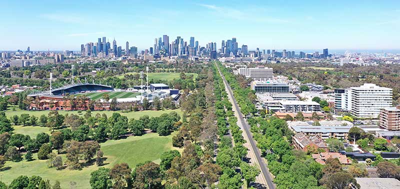 An aerial view of Royal Parade looking towards the Melbourne CBD after the water main renewal was completed.