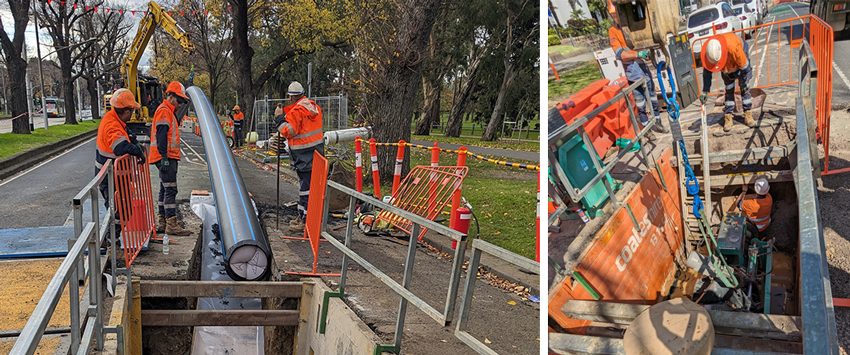 Two different photos showing the slip-lining technique used to renew the water mains. Photo on left shows the new water main being lowered into the old water main. Photo on right shows a GWW worker checking the work that has been completed.