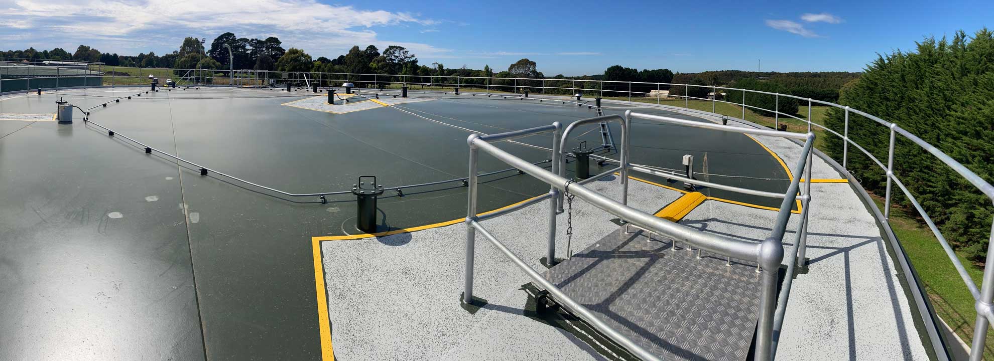 A view of the top of a water tank at the water filtration plant.